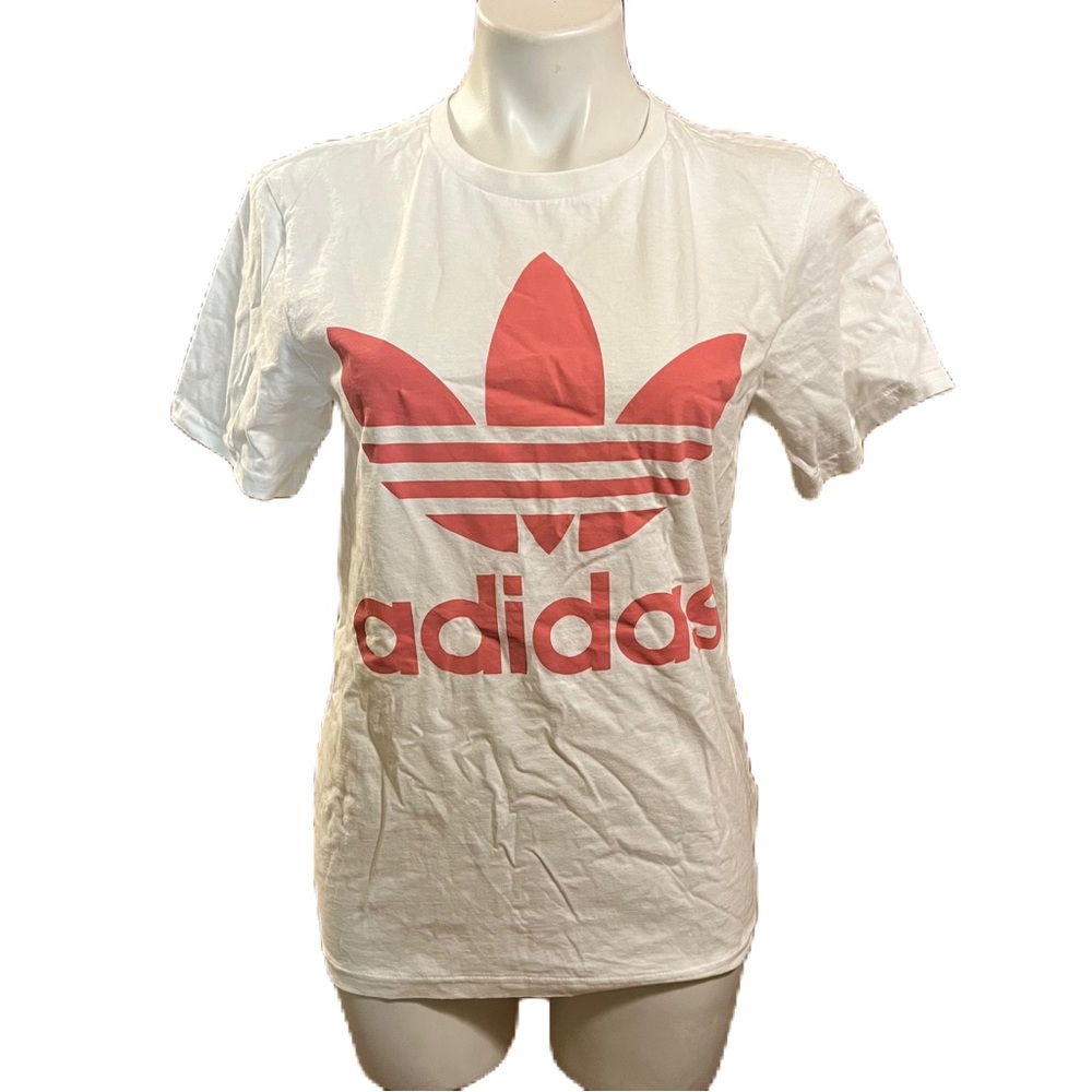 Adidas white t-shirt pink trefoil logo L
